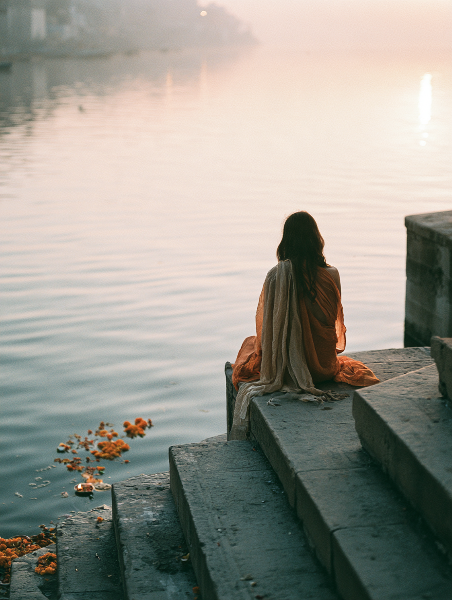 Mujer sentada en los escalones del ghat frente al Ganges al amanecer