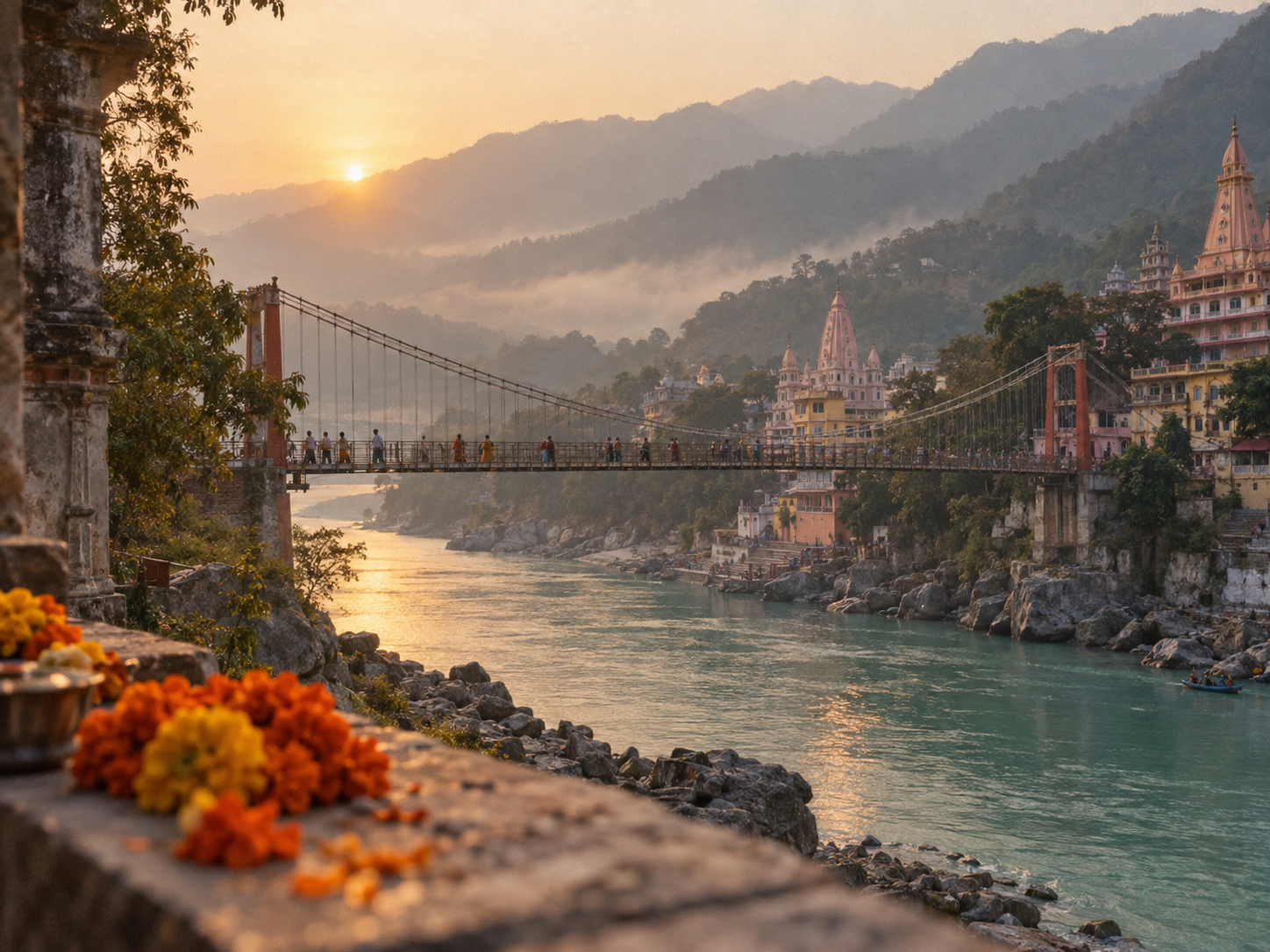 Puente Lakshman Jhula sobre el Ganges en Rishikesh al amanecer